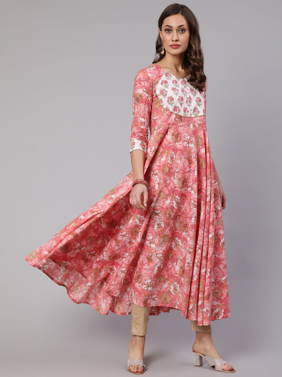 Cotton Printed Ankle Length Flared 3/4 Sleeve Round Neck Kurta