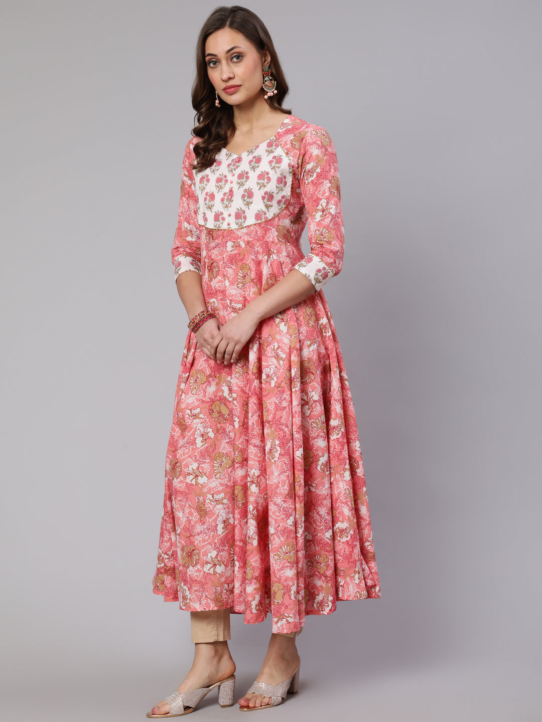 Cotton Printed Ankle Length Flared 3/4 Sleeve Round Neck Kurta