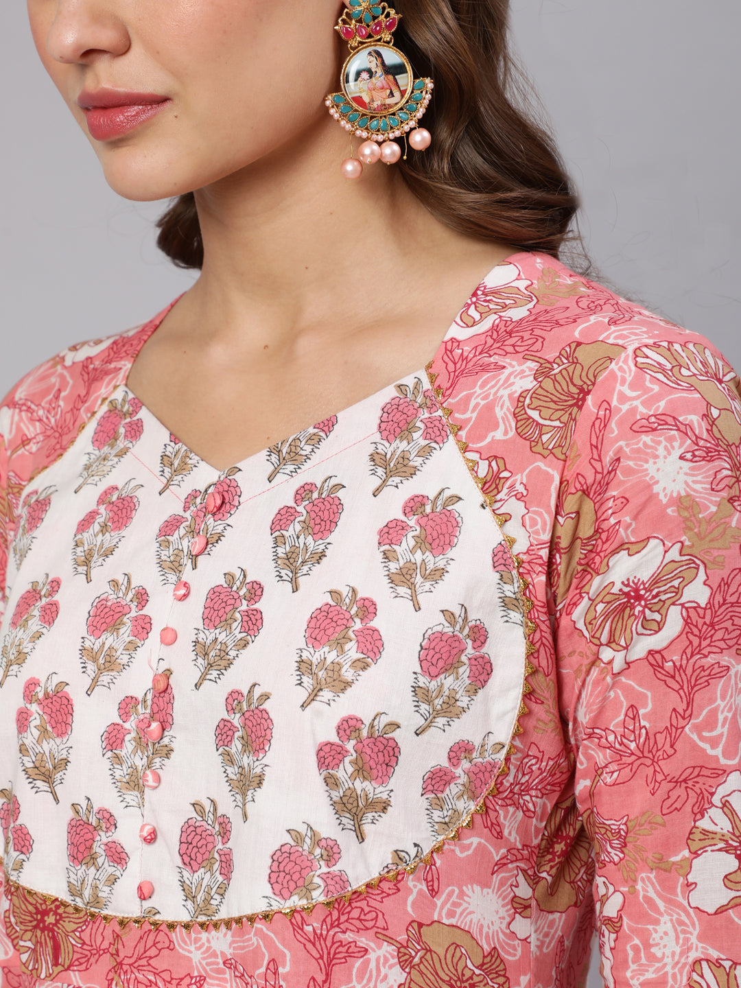 Cotton Printed Ankle Length Flared 3/4 Sleeve Round Neck Kurta