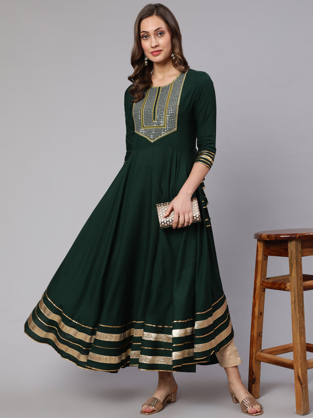 Embroidery Designer Rayon Ankle Length Flared 3/4 Sleeve Round Neck Kurta