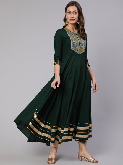 Embroidery Designer Rayon Ankle Length Flared 3/4 Sleeve Round Neck Kurta