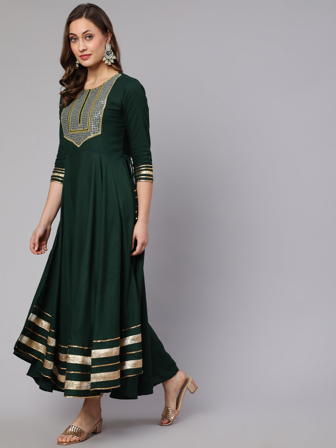 Embroidery Designer Rayon Ankle Length Flared 3/4 Sleeve Round Neck Kurta