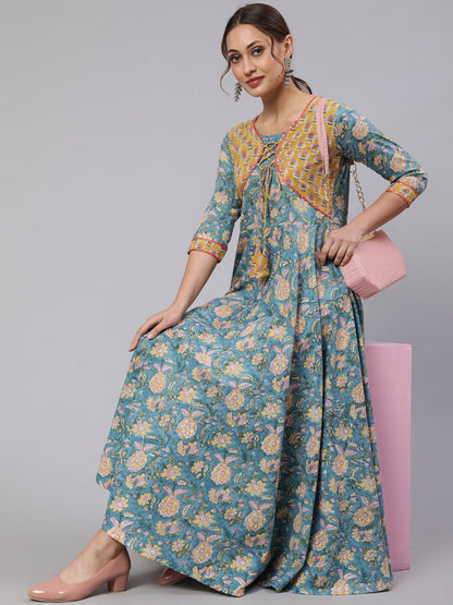 Cotton Printed Ankle Length Flared 3/4 Sleeve Round Neck Kurta