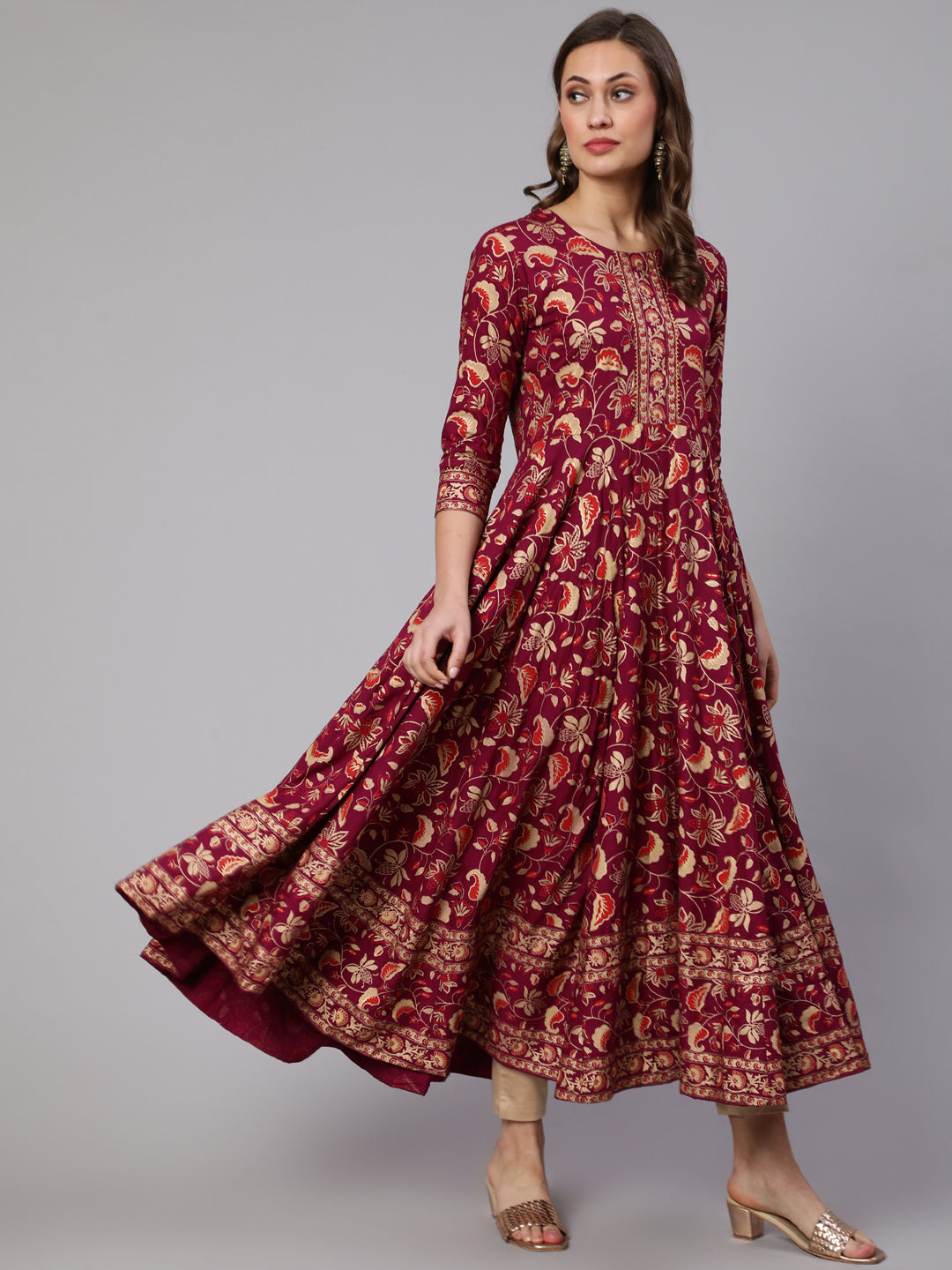 Gold Printed Rayon Ankle Length Flared 3/4 Sleeve Round Neck Kurta