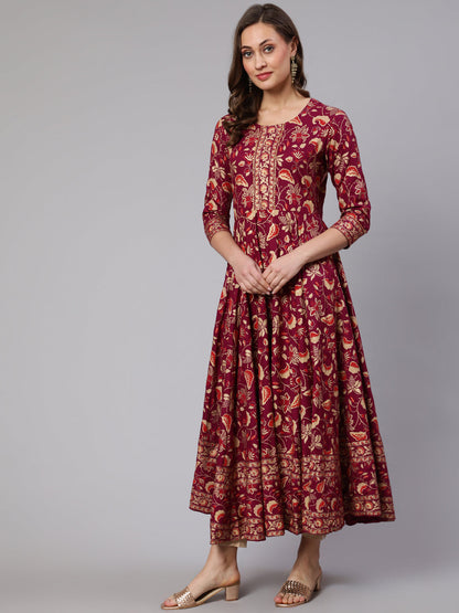 Gold Printed Rayon Ankle Length Flared 3/4 Sleeve Round Neck Kurta