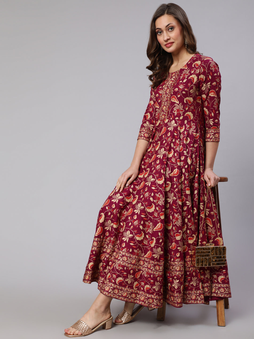 Gold Printed Rayon Ankle Length Flared 3/4 Sleeve Round Neck Kurta