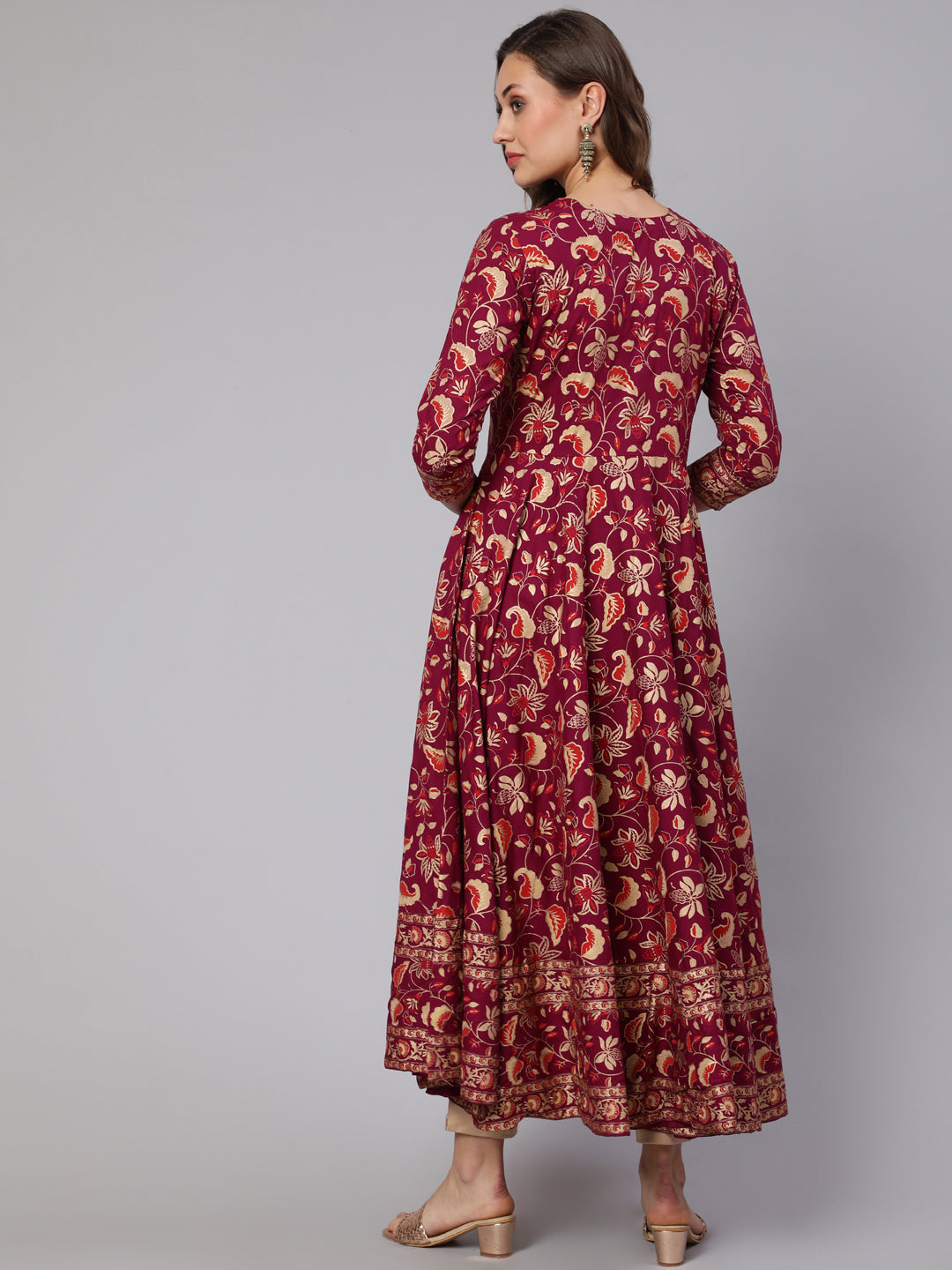 Gold Printed Rayon Ankle Length Flared 3/4 Sleeve Round Neck Kurta