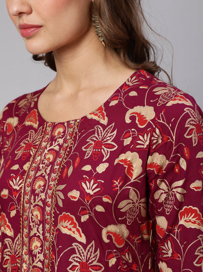 Gold Printed Rayon Ankle Length Flared 3/4 Sleeve Round Neck Kurta