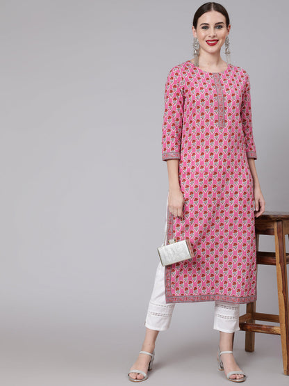 Floral Print Designer Calf Length Straight 3/4 Sleeve Round Neck Kurta