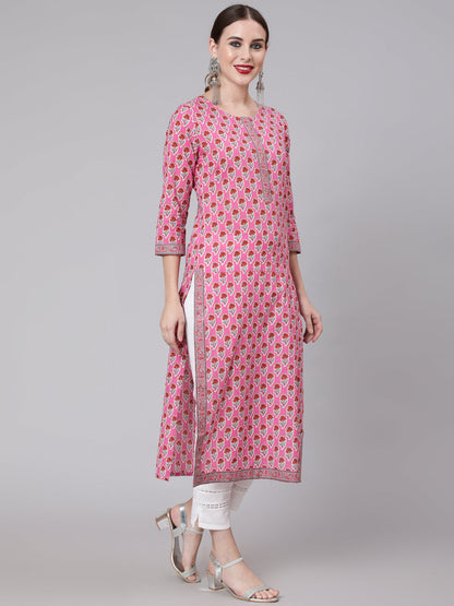 Floral Print Designer Calf Length Straight 3/4 Sleeve Round Neck Kurta