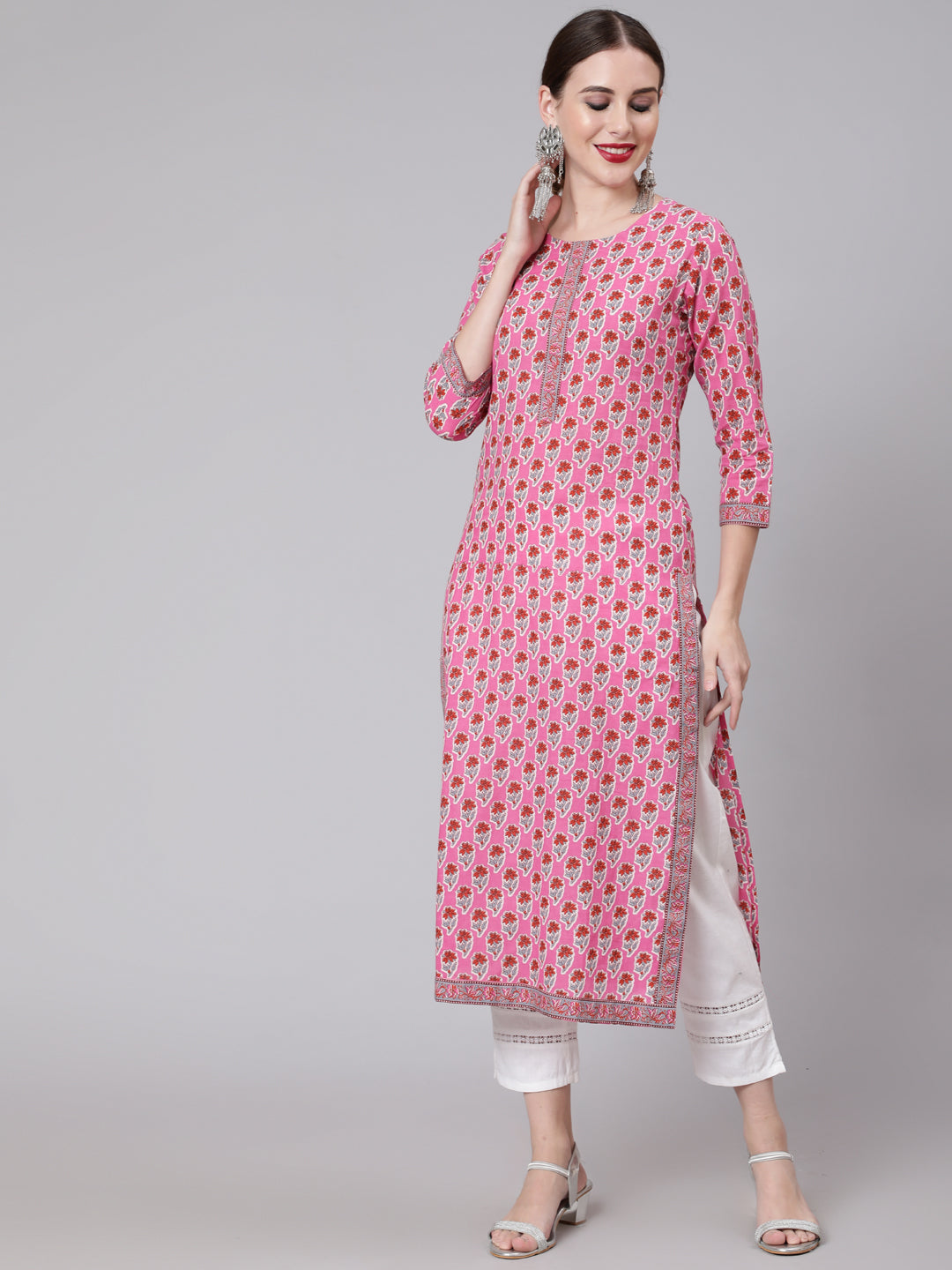 Floral Print Designer Calf Length Straight 3/4 Sleeve Round Neck Kurta