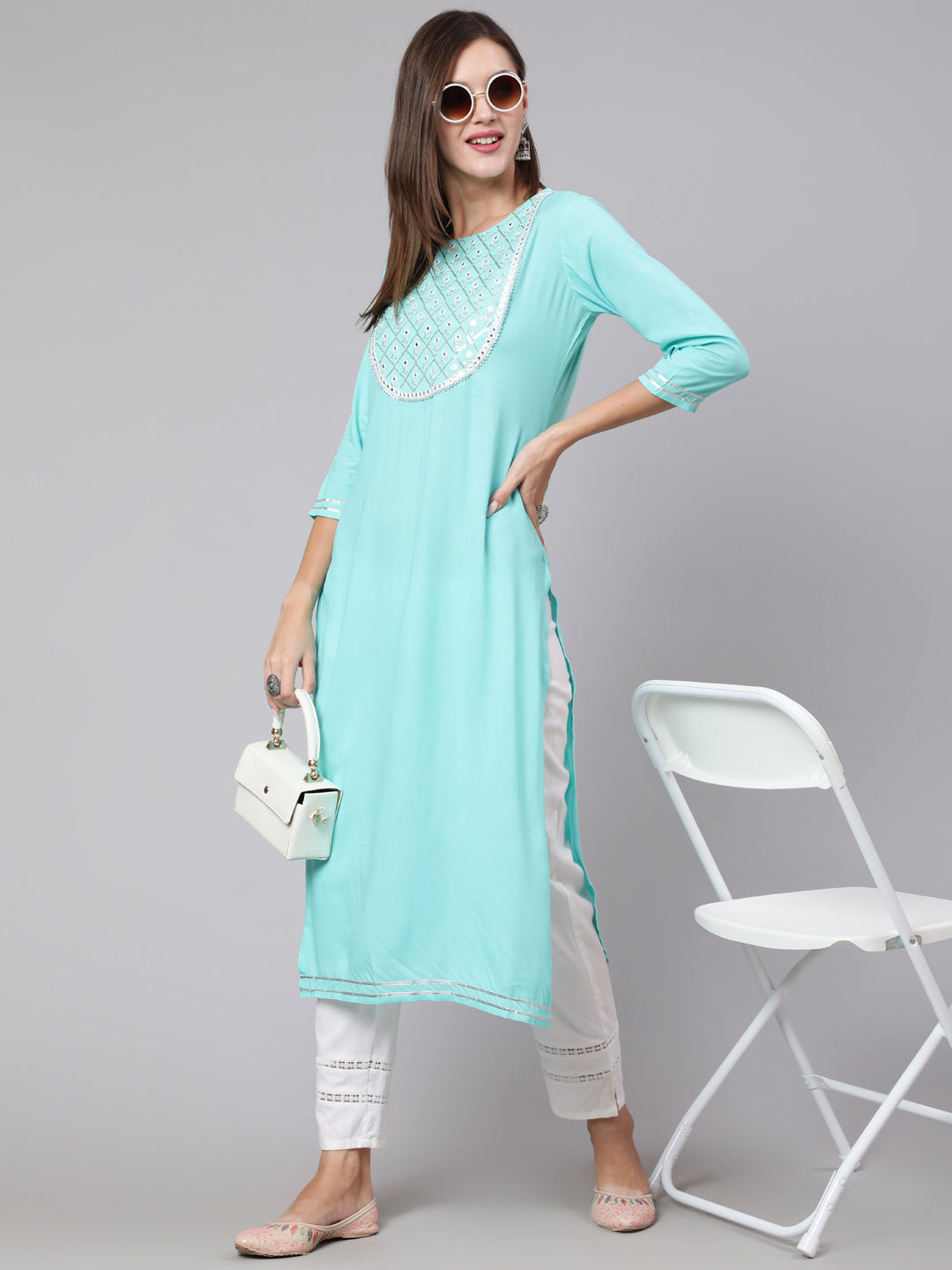 Rayon Embroidery Round Neck 3/4 Sleeve Straight Calf Length Ethnic Kurta