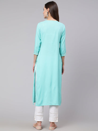 Rayon Embroidery Round Neck 3/4 Sleeve Straight Calf Length Ethnic Kurta