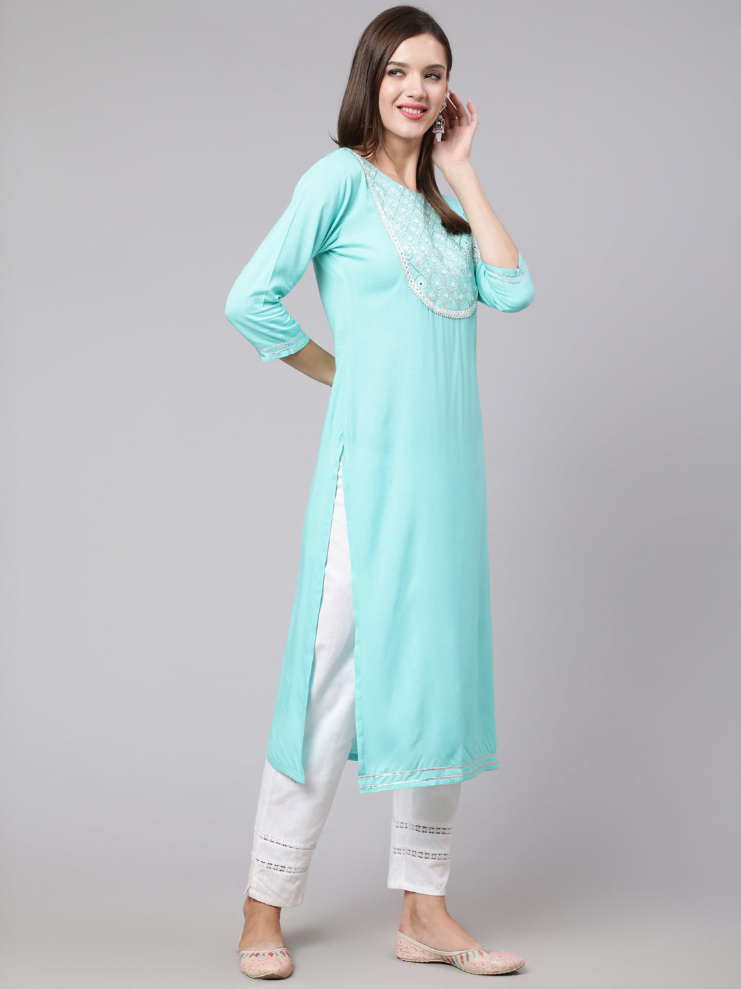 Rayon Embroidery Round Neck 3/4 Sleeve Straight Calf Length Ethnic Kurta