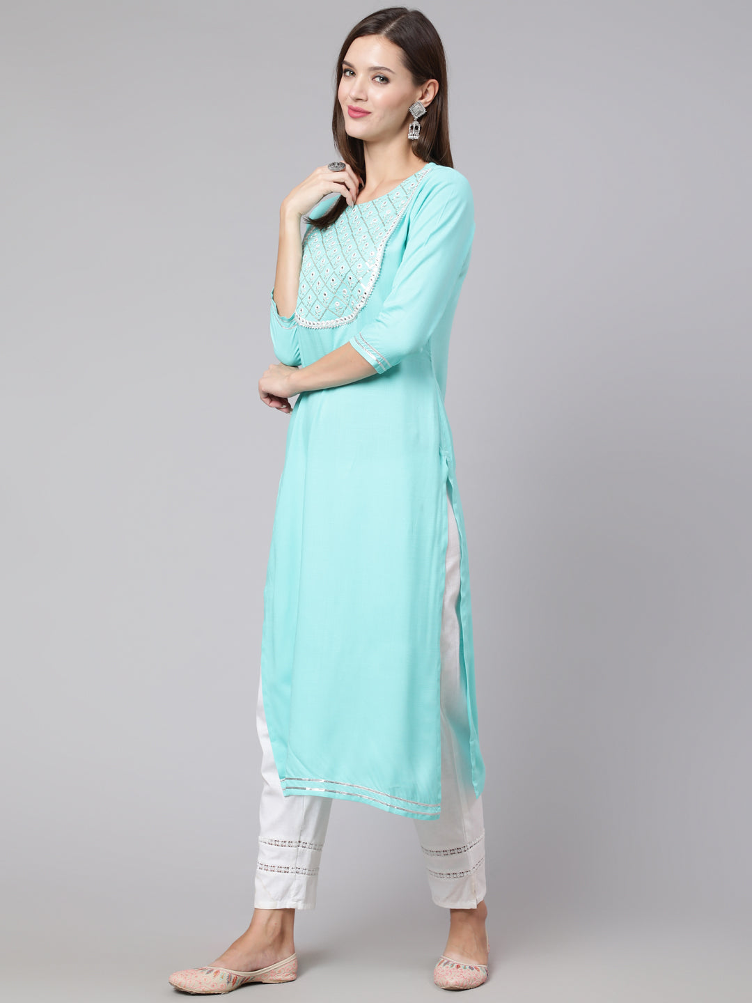 Rayon Embroidery Round Neck 3/4 Sleeve Straight Calf Length Ethnic Kurta