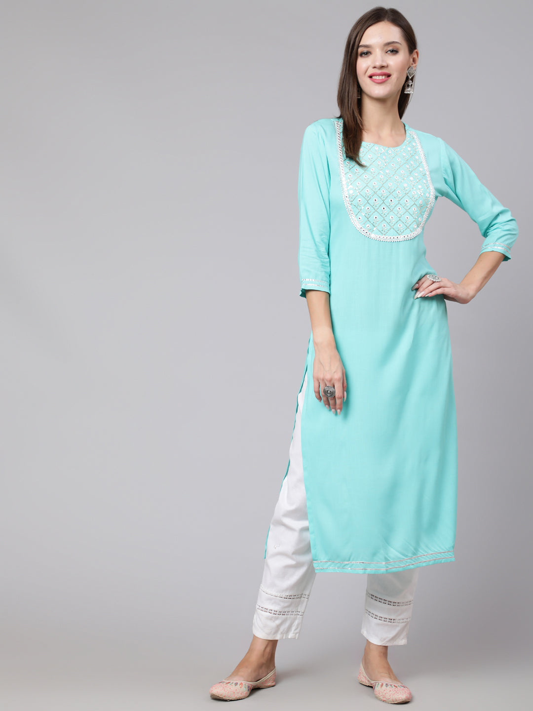 Rayon Embroidery Round Neck 3/4 Sleeve Straight Calf Length Ethnic Kurta