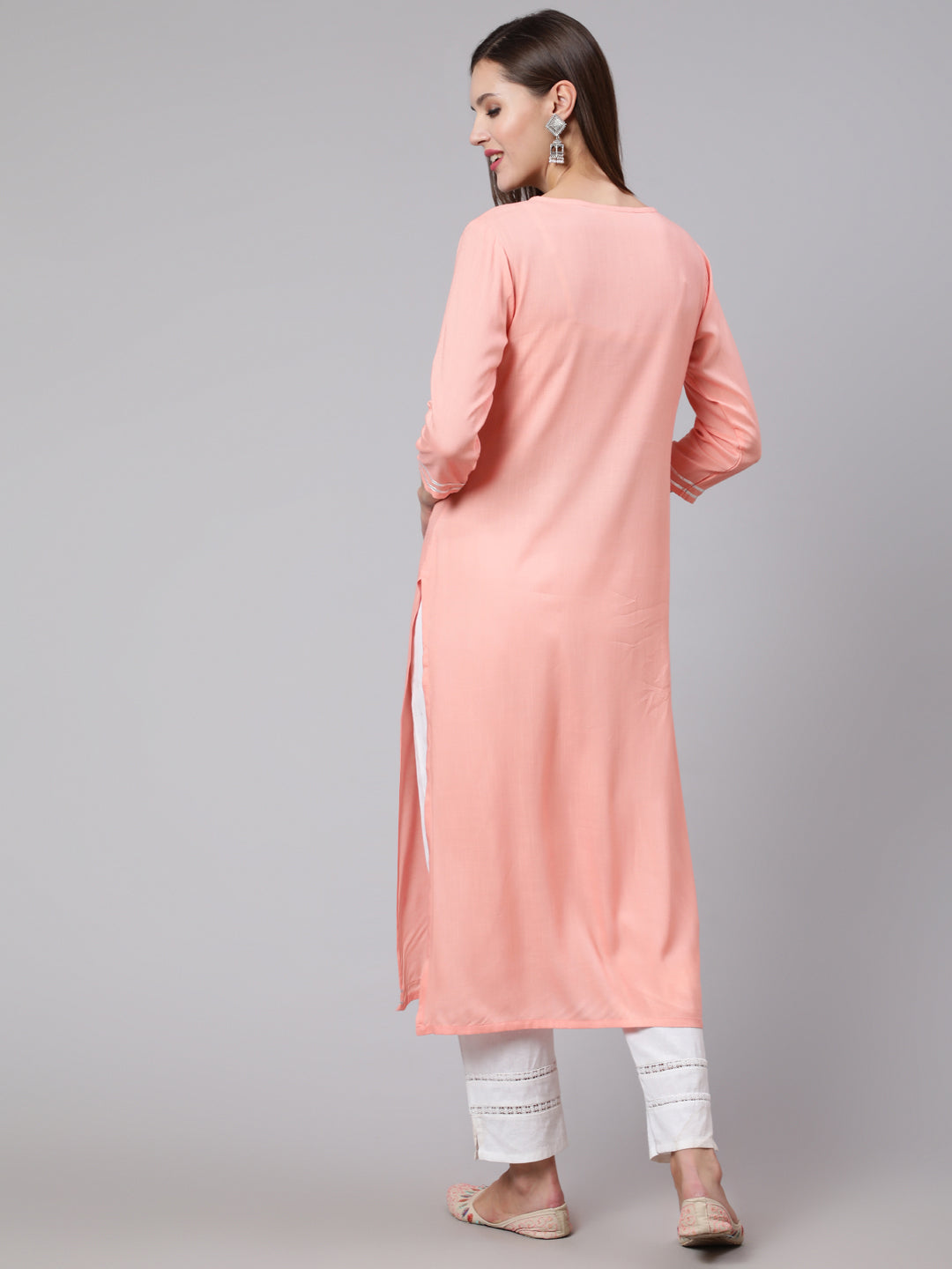 Rayon Embroidery Round Neck 3/4 Sleeve Straight Calf Length Ethnic Kurta