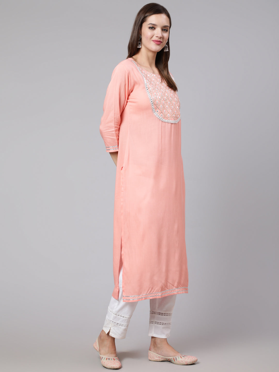 Rayon Embroidery Round Neck 3/4 Sleeve Straight Calf Length Ethnic Kurta