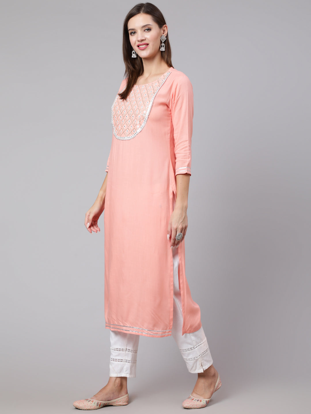 Rayon Embroidery Round Neck 3/4 Sleeve Straight Calf Length Ethnic Kurta