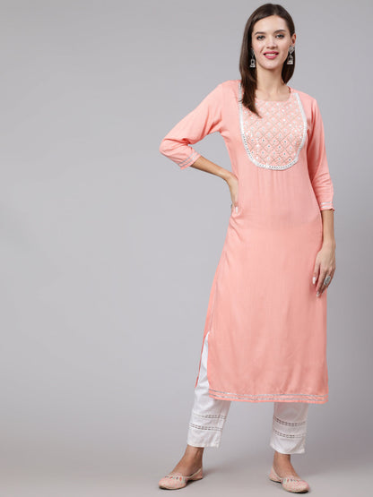 Rayon Embroidery Round Neck 3/4 Sleeve Straight Calf Length Ethnic Kurta