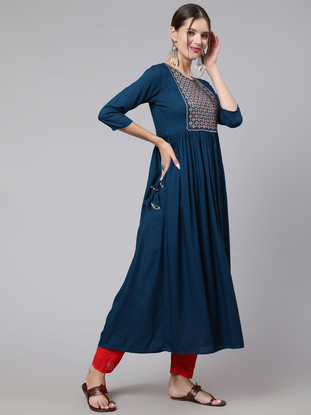 Rayon Embroidery Round Neck 3/4 Sleeve Anarkali Calf Length Ethnic Kurta