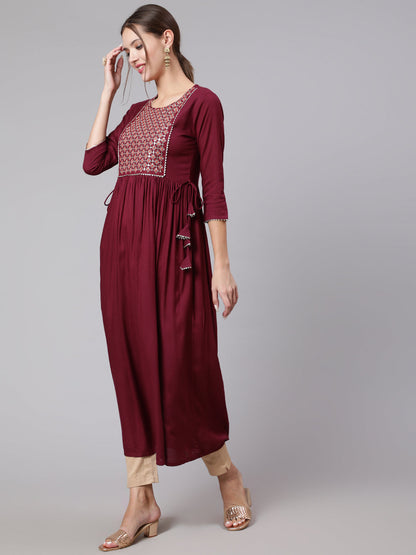 Rayon Embroidery Round Neck 3/4 Sleeve Anarkali Calf Length Ethnic Kurta