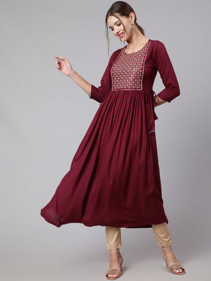 Rayon Embroidery Round Neck 3/4 Sleeve Anarkali Calf Length Ethnic Kurta