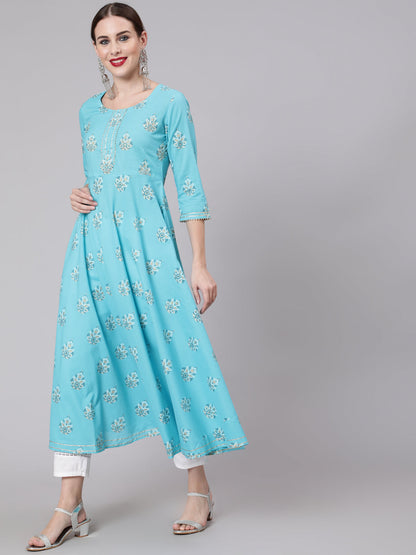 Cotton Printed Round Neck 3/4 Sleeve Anarkali Ankle Length Ethnic Kurta