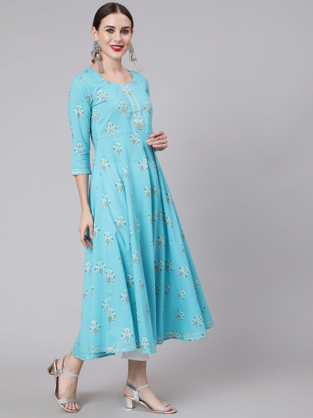 Cotton Printed Round Neck 3/4 Sleeve Anarkali Ankle Length Ethnic Kurta