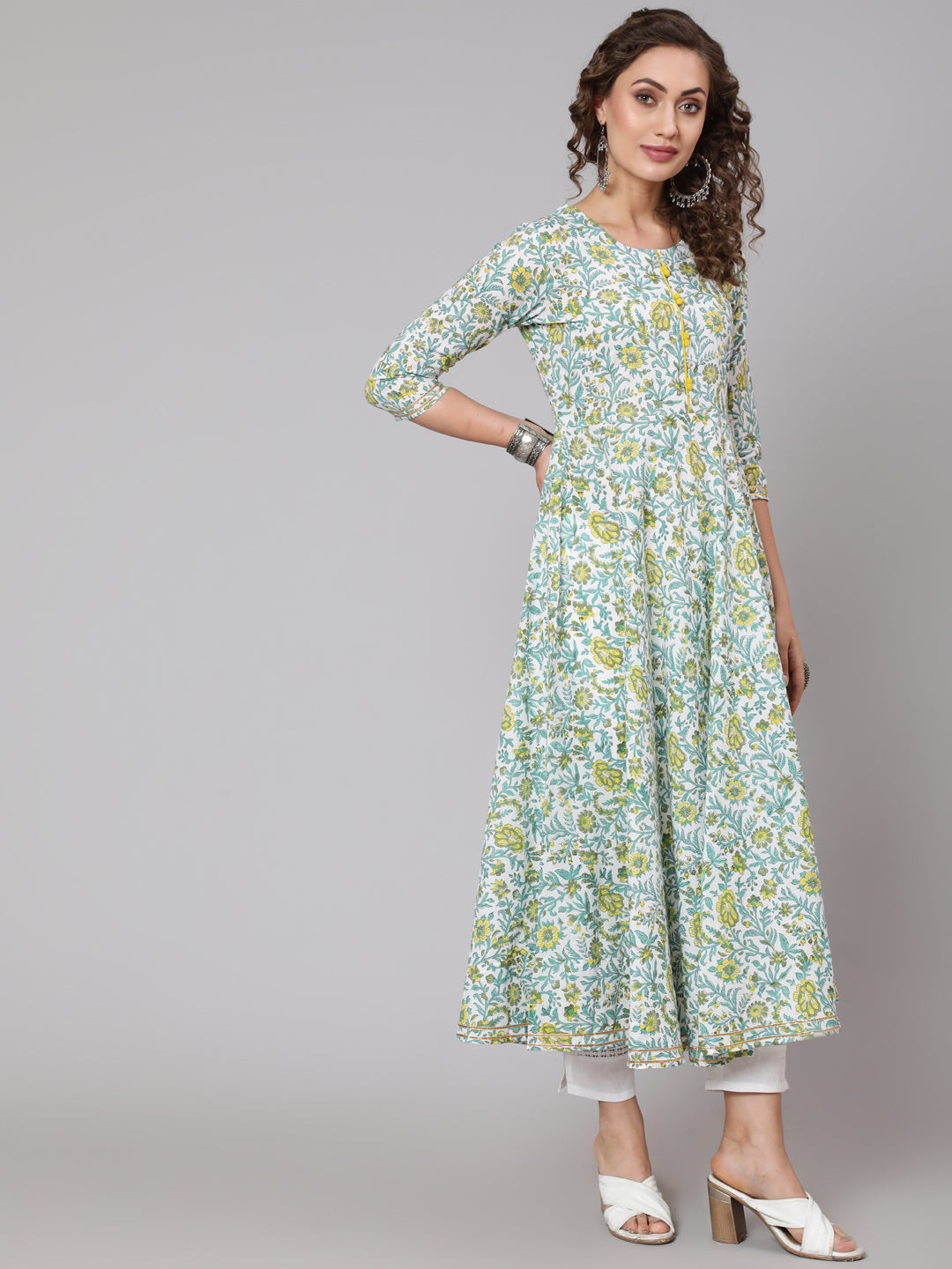 Cotton Printed Round Neck 3/4 Sleeve Anarkali Ankle Length Ethnic Kurta