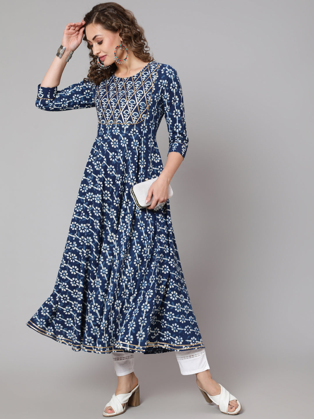 Cotton Printed Round Neck 3/4 Sleeve Anarkali Ankle Length Ethnic Kurta