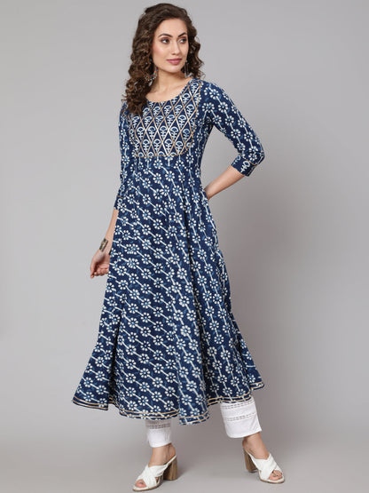 Cotton Printed Round Neck 3/4 Sleeve Anarkali Ankle Length Ethnic Kurta