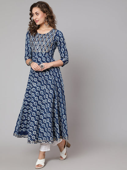 Cotton Printed Round Neck 3/4 Sleeve Anarkali Ankle Length Ethnic Kurta