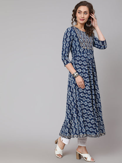 Cotton Printed Round Neck 3/4 Sleeve Anarkali Ankle Length Ethnic Kurta