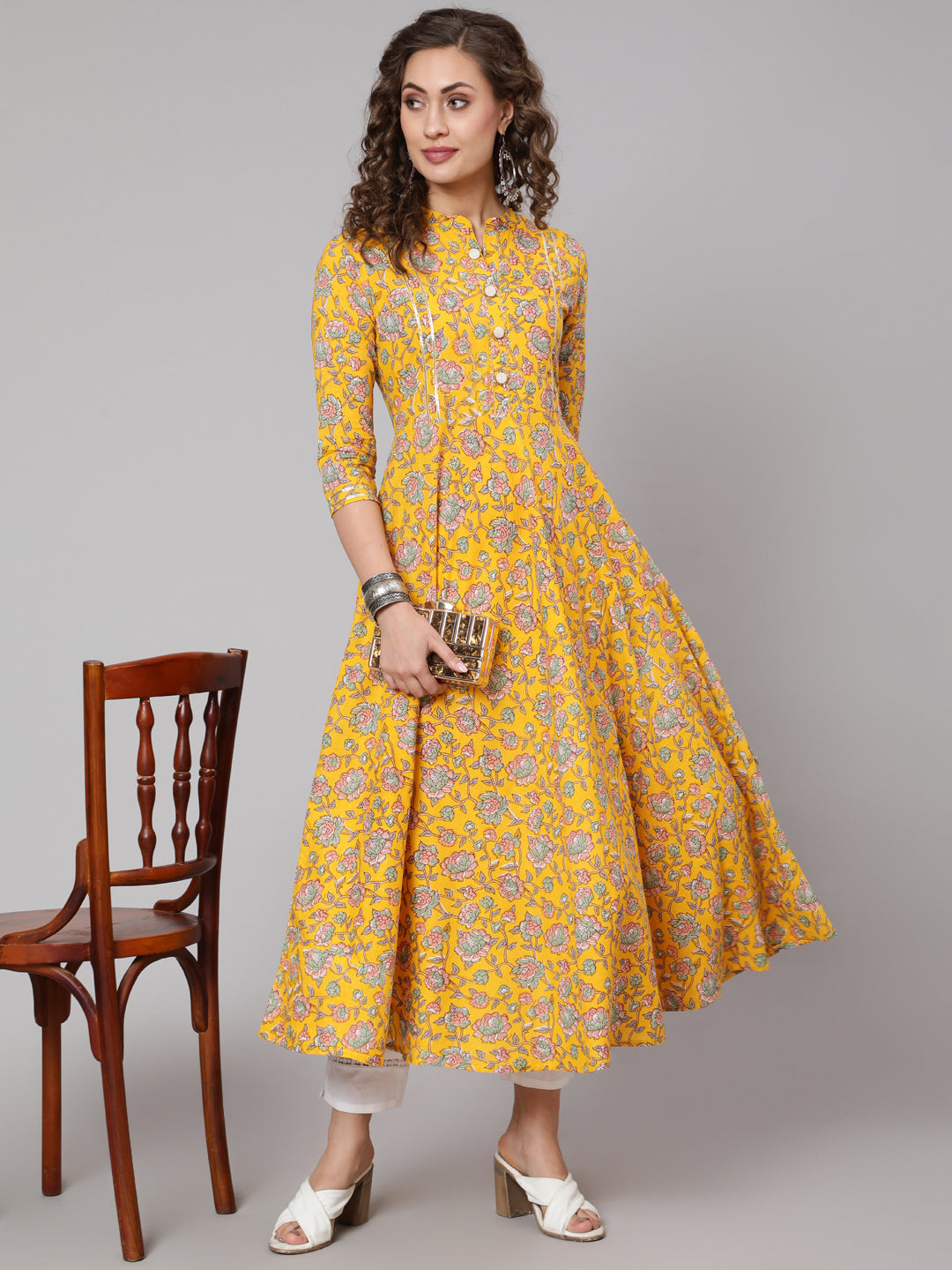 Cotton Printed Mandarin Neck 3/4 Sleeve Anarkali Ankle Length Ethnic Kurta