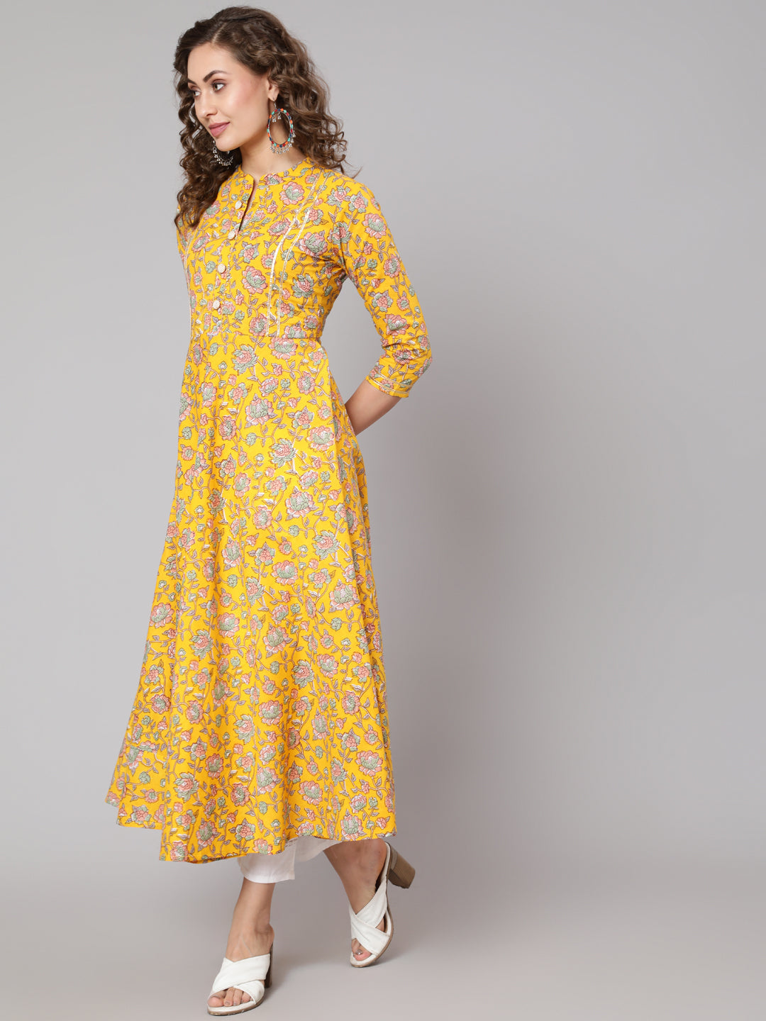 Cotton Printed Mandarin Neck 3/4 Sleeve Anarkali Ankle Length Ethnic Kurta