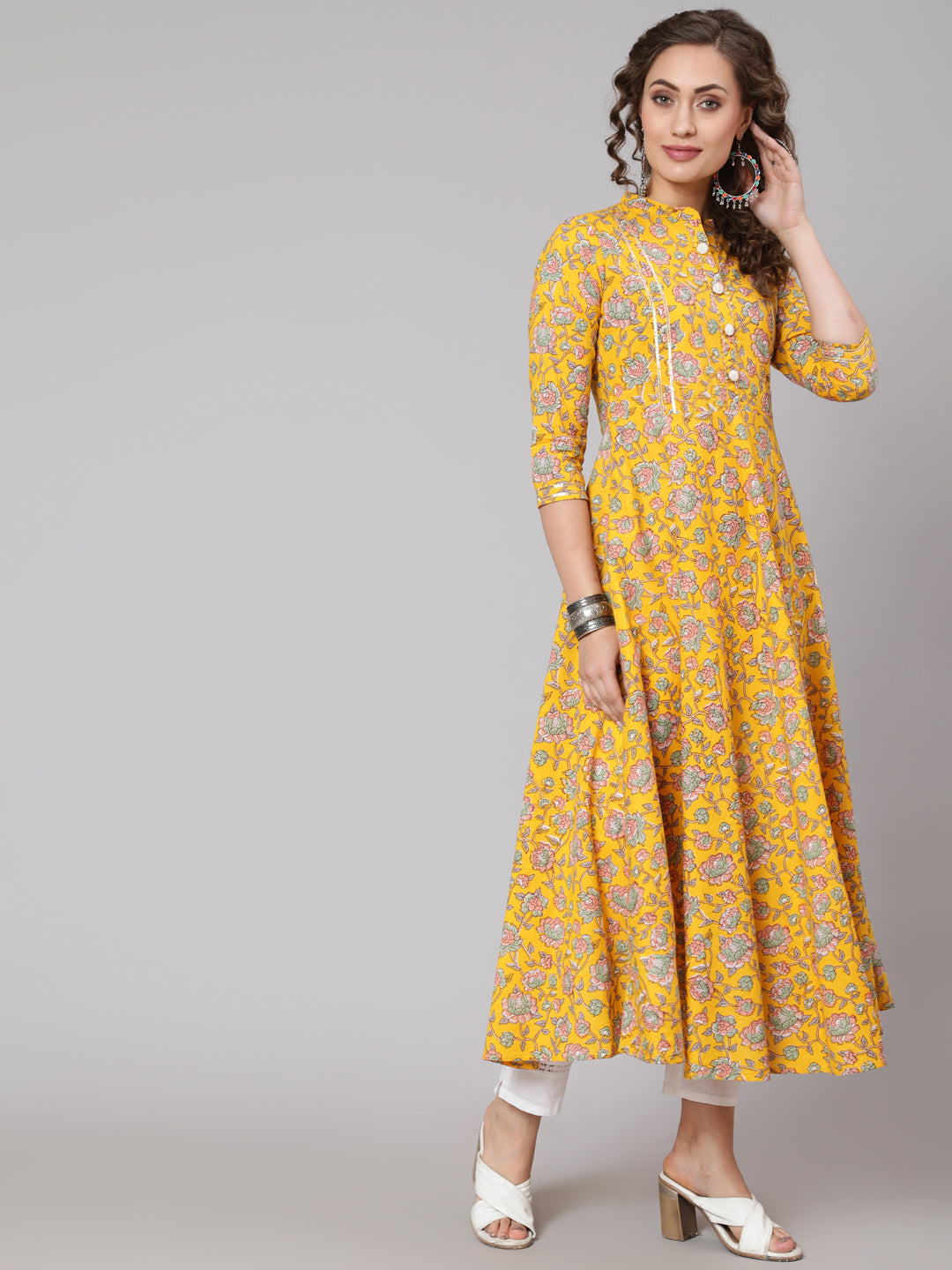 Cotton Printed Mandarin Neck 3/4 Sleeve Anarkali Ankle Length Ethnic Kurta