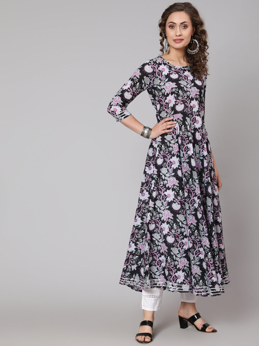 Cotton Printed Round Neck 3/4 Sleeve Anarkali Ankle Length Ethnic Kurta