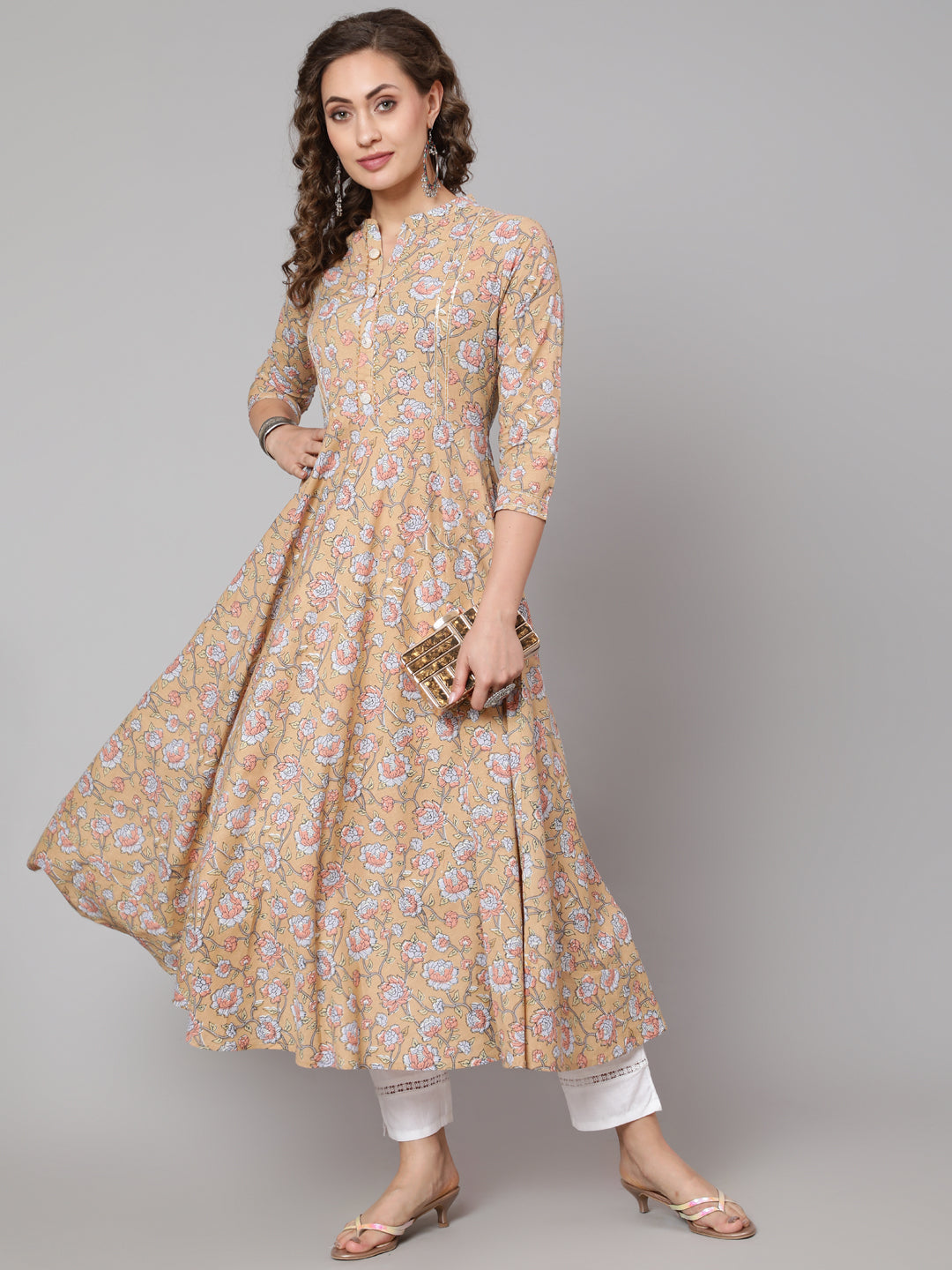 Cotton Printed Mandarin Neck 3/4 Sleeve Anarkali Ankle Length Ethnic Kurta