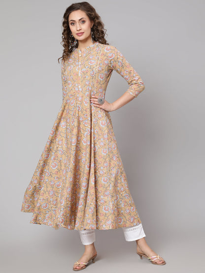 Cotton Printed Mandarin Neck 3/4 Sleeve Anarkali Ankle Length Ethnic Kurta