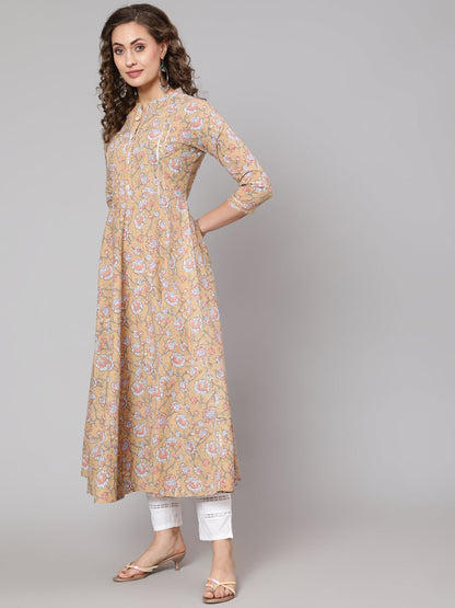 Cotton Printed Mandarin Neck 3/4 Sleeve Anarkali Ankle Length Ethnic Kurta