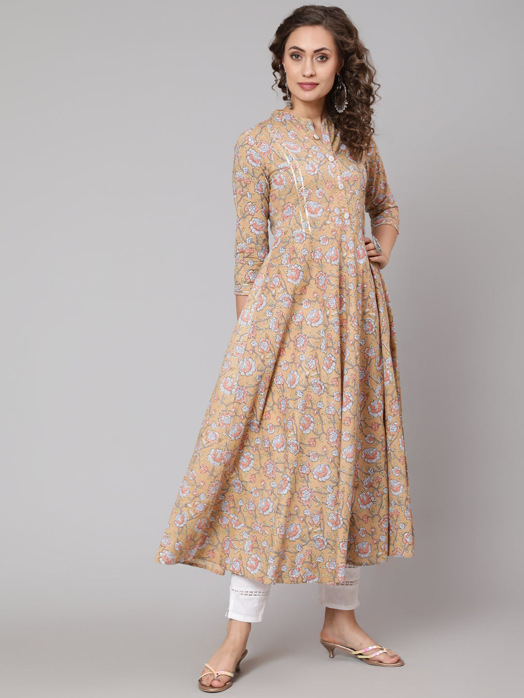 Cotton Printed Mandarin Neck 3/4 Sleeve Anarkali Ankle Length Ethnic Kurta