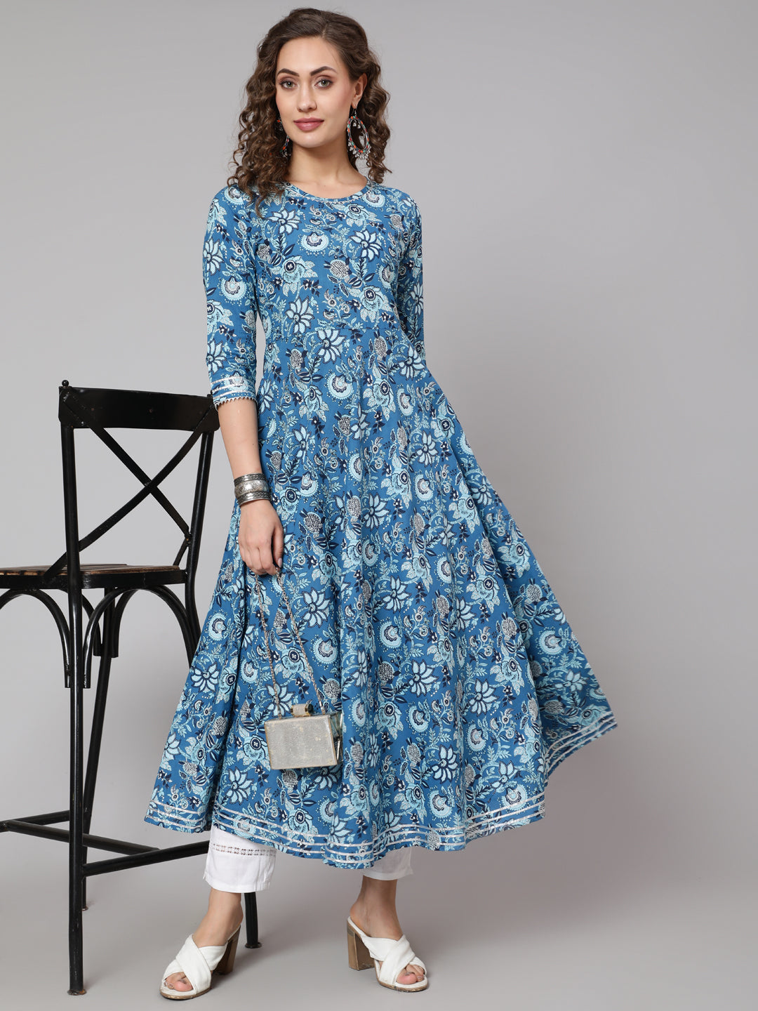 Cotton Printed Round Neck 3/4 Sleeve Anarkali Ankle Length Ethnic Kurta