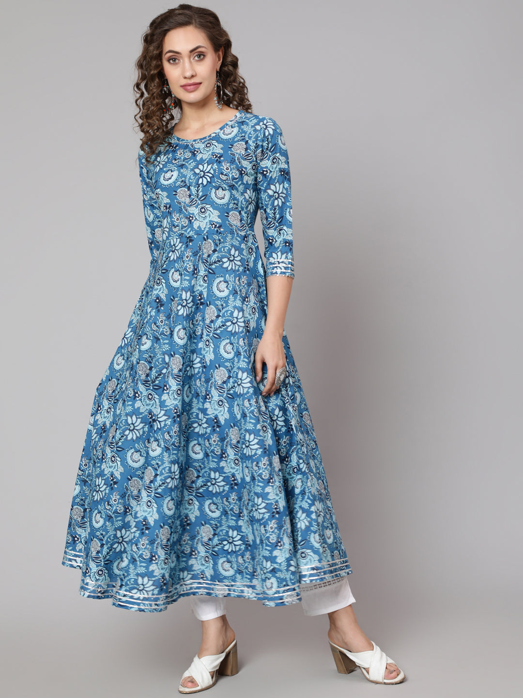 Cotton Printed Round Neck 3/4 Sleeve Anarkali Ankle Length Ethnic Kurta