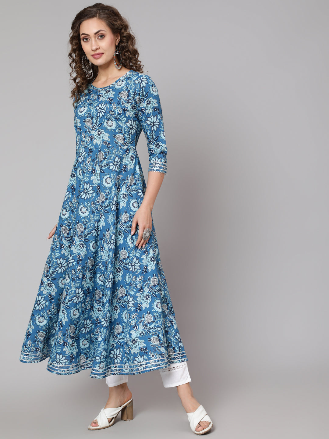 Cotton Printed Round Neck 3/4 Sleeve Anarkali Ankle Length Ethnic Kurta