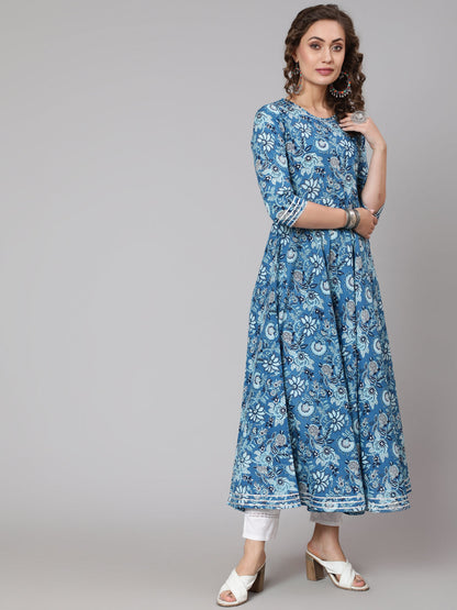 Cotton Printed Round Neck 3/4 Sleeve Anarkali Ankle Length Ethnic Kurta