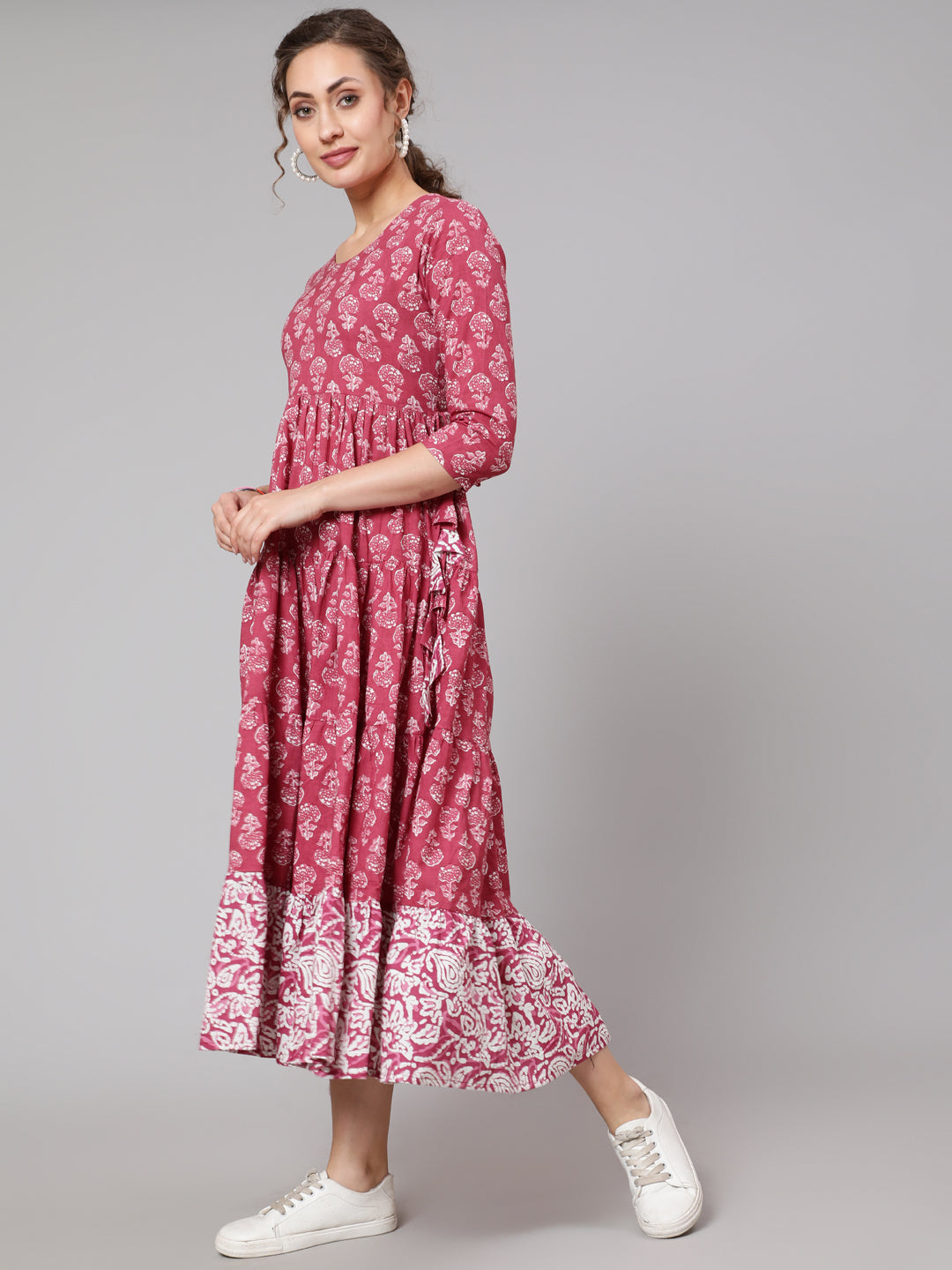 Cotton Printed Round Neck 3/4 Sleeve Flared Ankle Length Ethnic Kurta