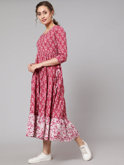 Cotton Printed Round Neck 3/4 Sleeve Flared Ankle Length Ethnic Kurta