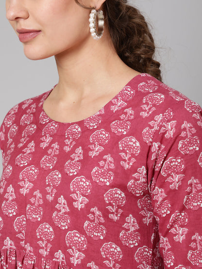 Cotton Printed Round Neck 3/4 Sleeve Flared Ankle Length Ethnic Kurta