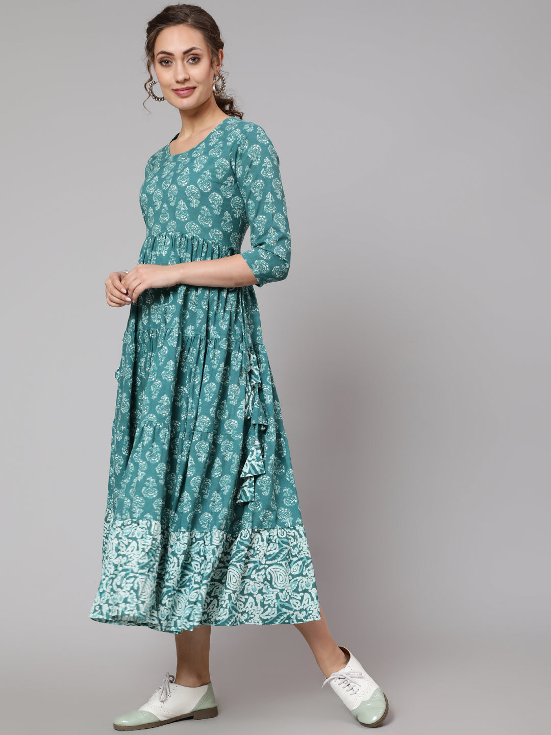 Cotton Printed Round Neck 3/4 Sleeve Flared Ankle Length Ethnic Kurta